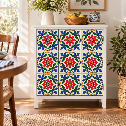 Application example — Multicolor Folk Floral Tile Pattern — 18×18 in