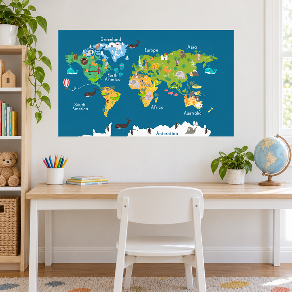 Application example — Kids Illustrated World Map with Animals – Adhesive Vinyl (30x18 in)