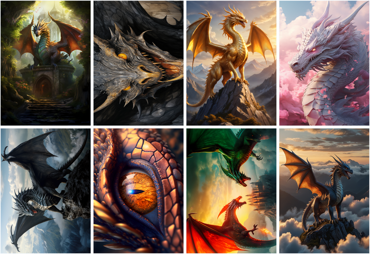 Overview of the eight dragon designs included in the collection