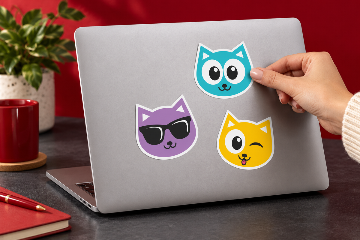 Applying colorful printed cat stickers to a laptop
