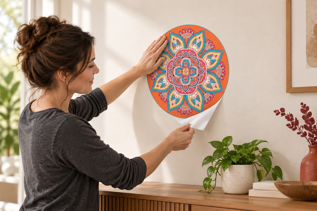 Applying a colorful printed mandala wall sticker while peeling its backing