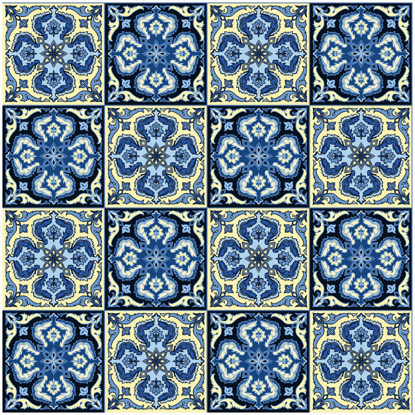 Blue & Yellow Vintage Tile Pattern — 18×18 in