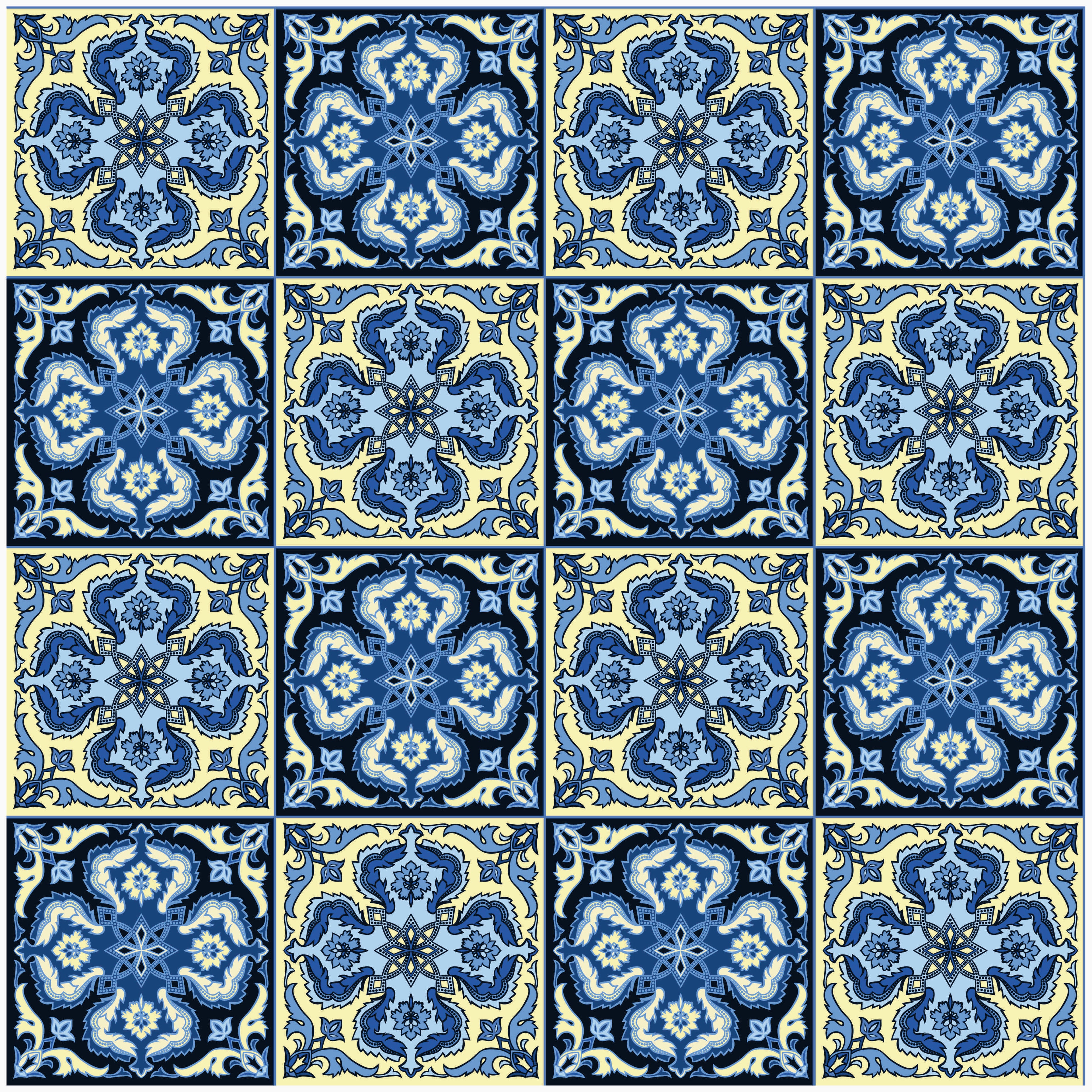 Blue & Yellow Vintage Tile Pattern — 18×18 in