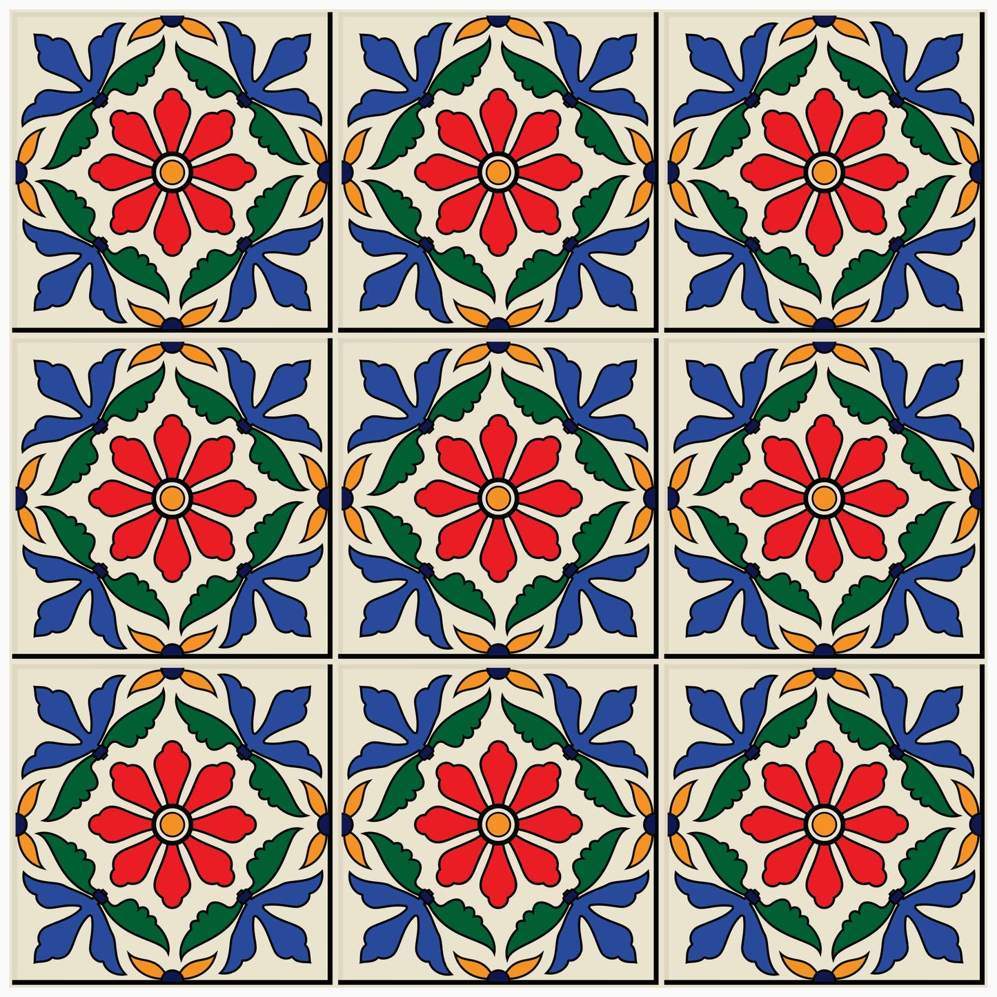 Multicolor Folk Floral Tile Pattern — 18×18 in