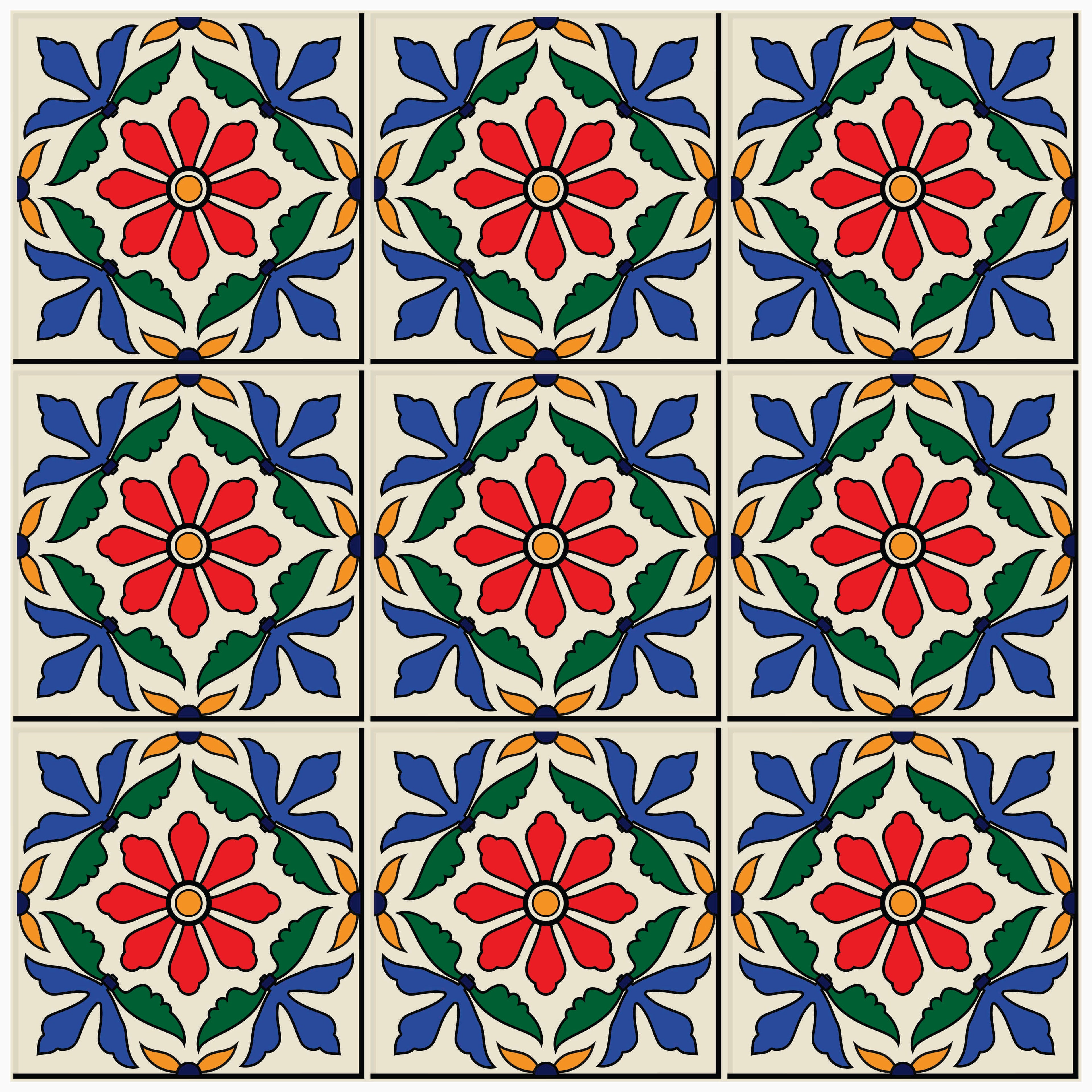 Multicolor Folk Floral Tile Pattern — 18×18 in