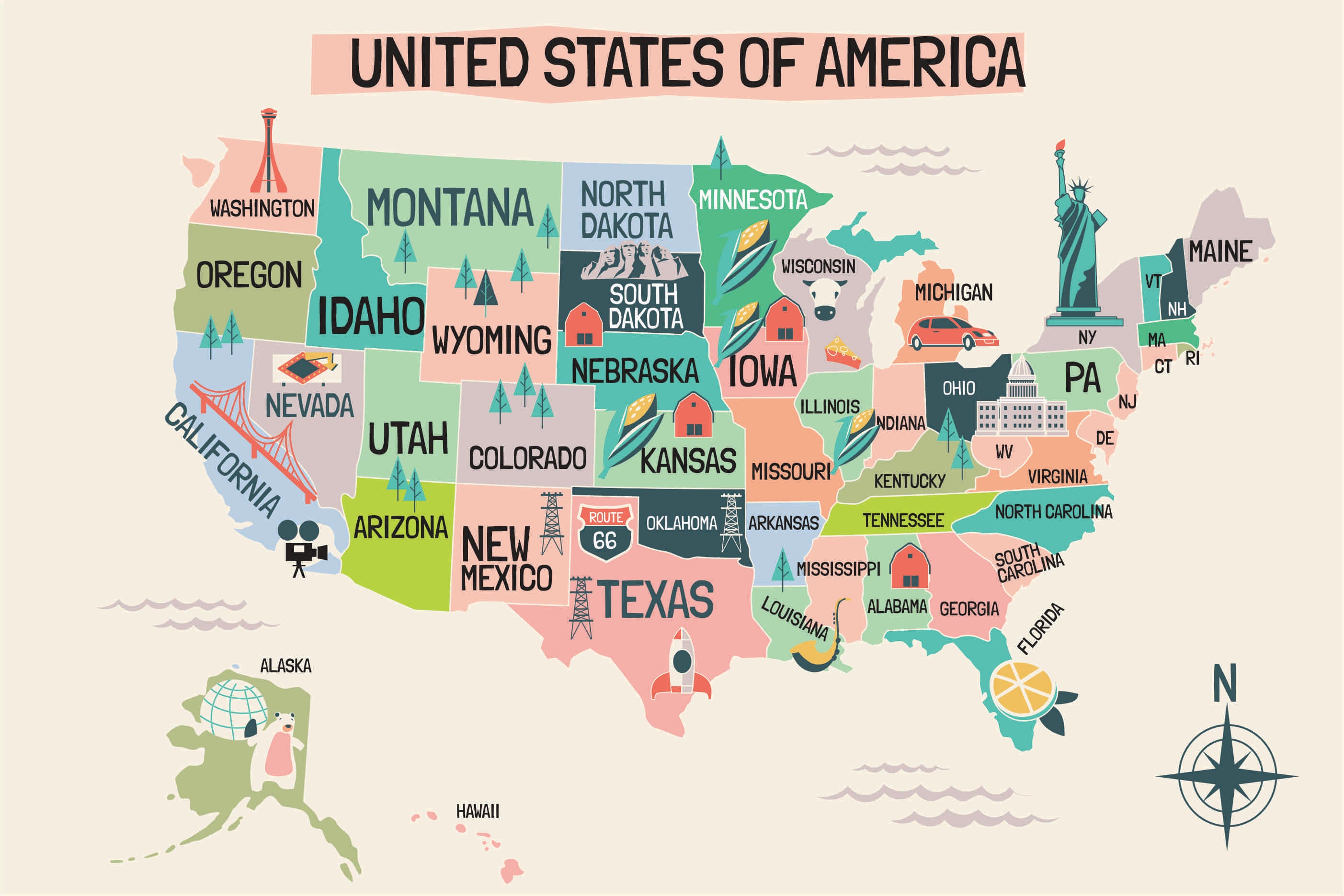 United States Illustrated Map – 18×12 inches