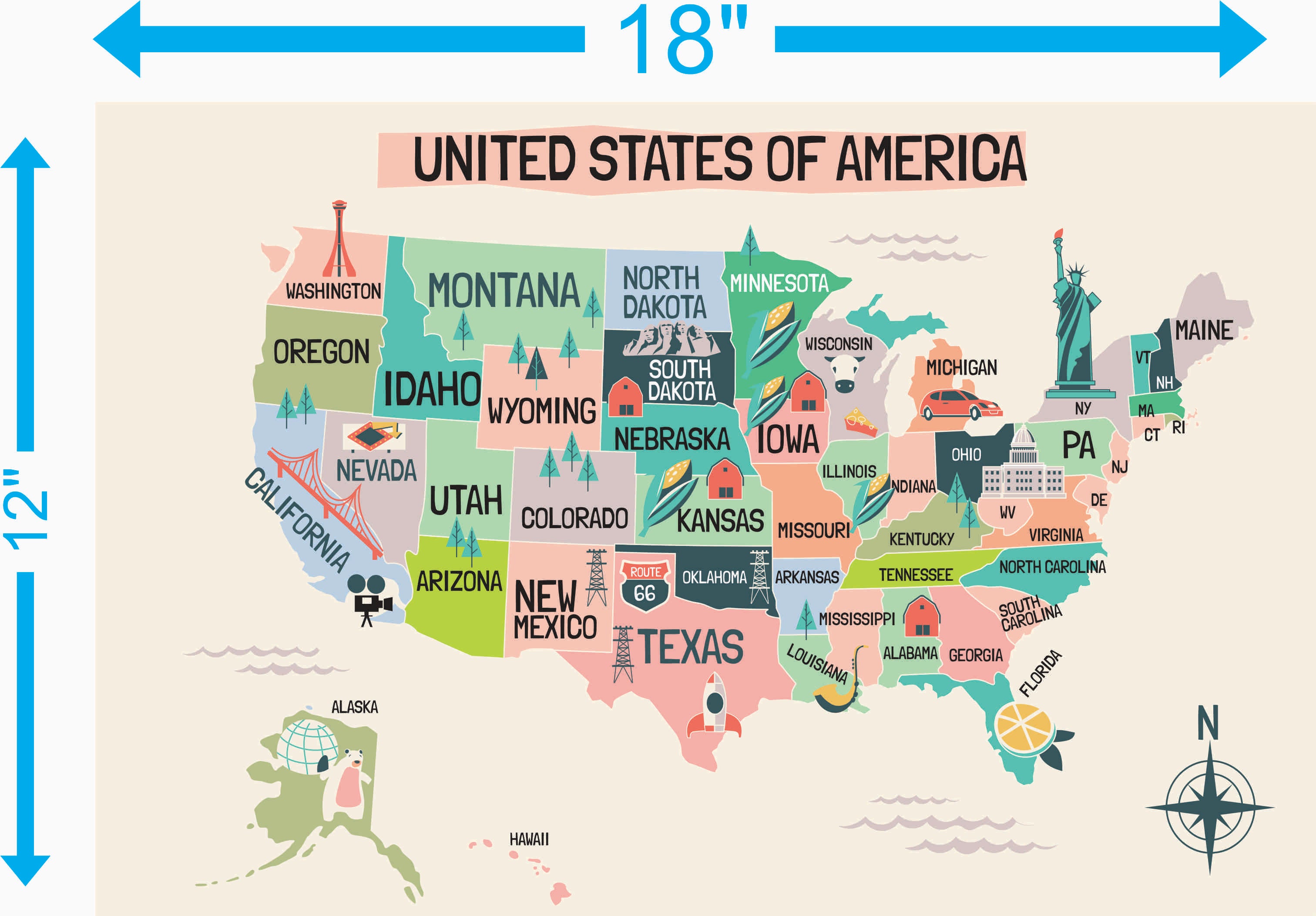 United States Illustrated Map – 18×12 inches