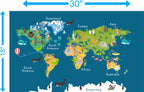 Kids Illustrated World Map with Animals – Adhesive Vinyl (30x18 in)