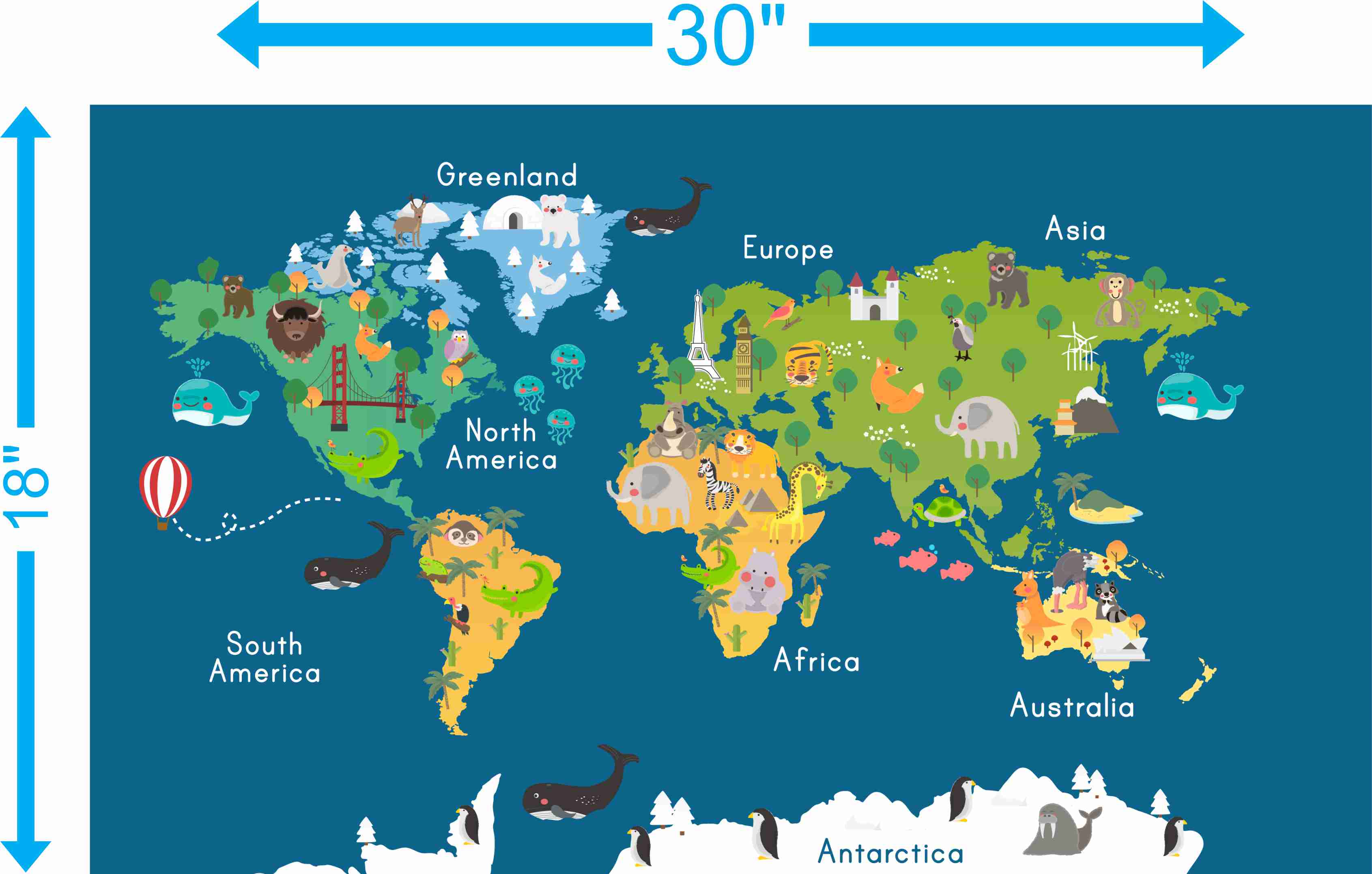 Kids Illustrated World Map with Animals – Adhesive Vinyl (30x18 in)