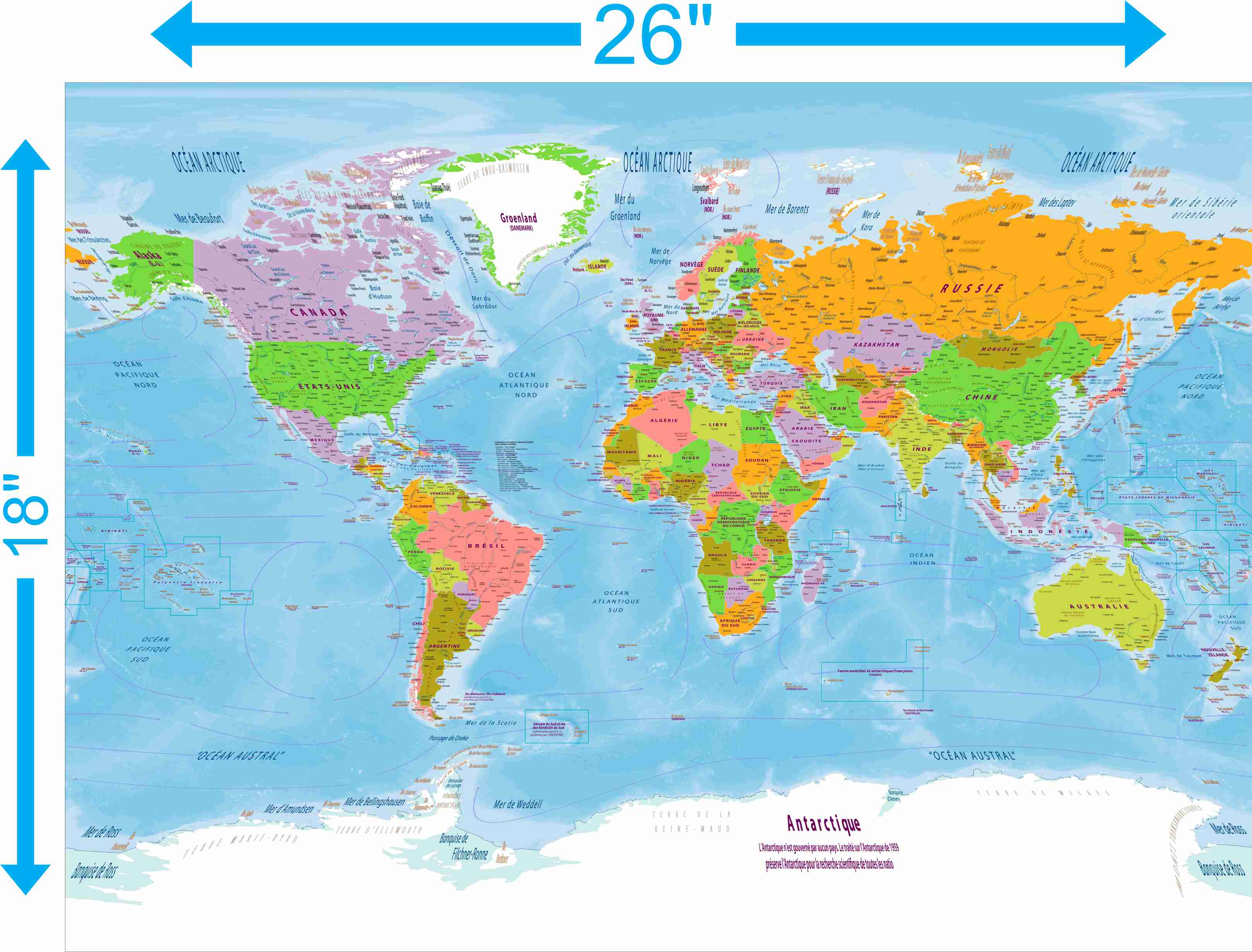 World Map in French – Educational Adhesive Vinyl (26x18 in)